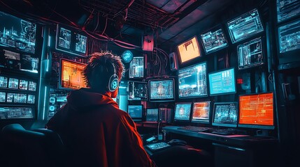 Hacker Works Amidst Multiple Computer Screens