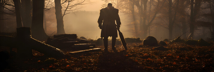 Rustic Axeman in Sunset Woodland Scene: Portrait of Everyday Rural Life and Labor
