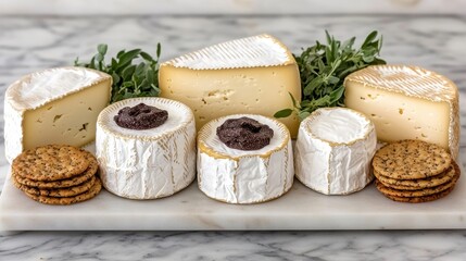 Assorted Cheese Selection with Cookies and Fresh Greens on Marble