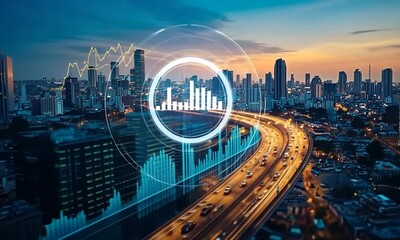 A city skyline at sunset with digital data visualization overlay. - Powered by Adobe