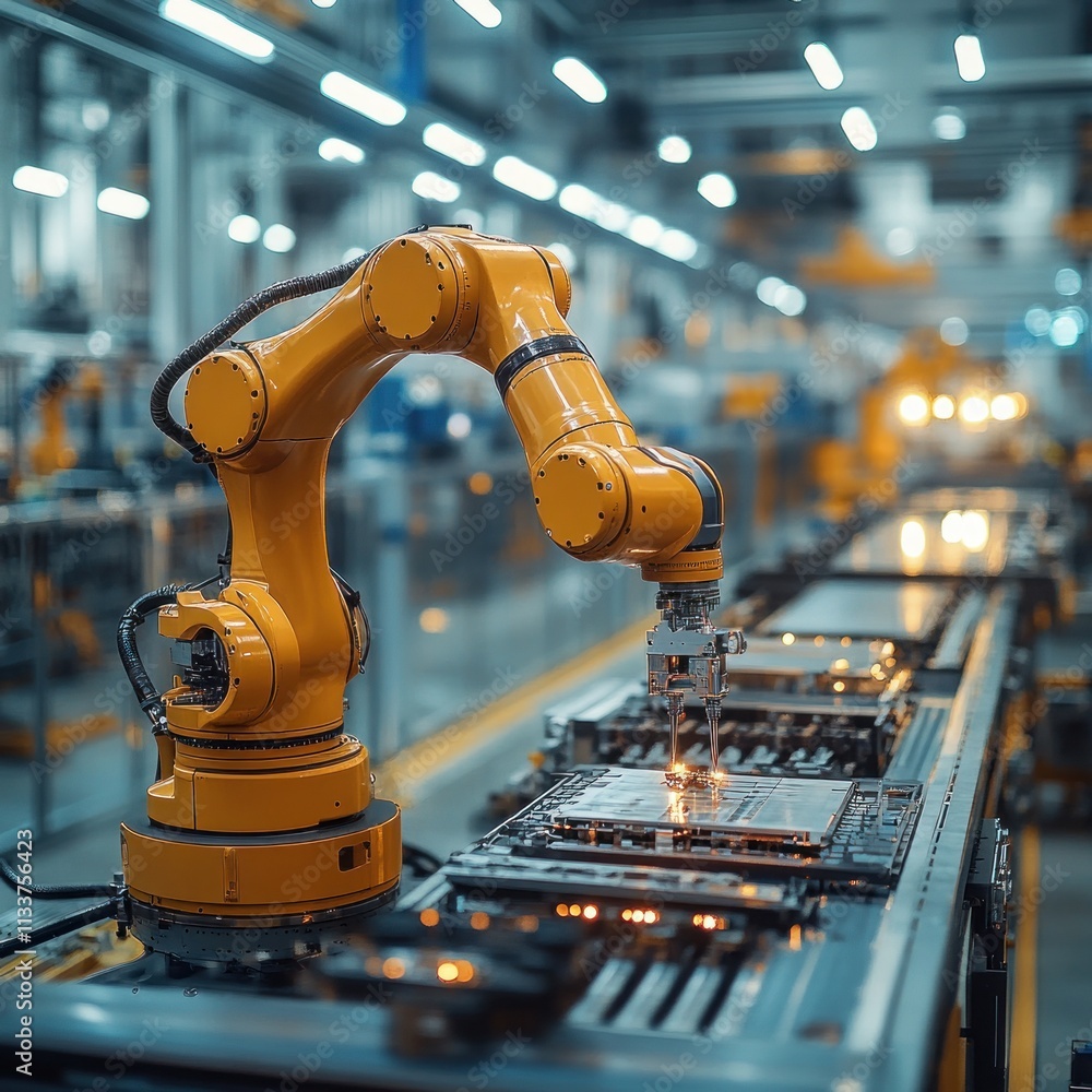 Aufkleber robotic arm assembling circuit boards on automated production line in modern factory.