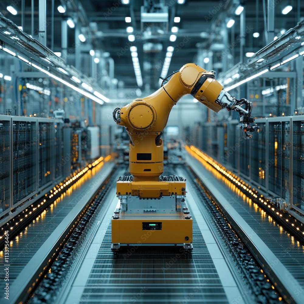 Poster automated robotic arm on factory assembly line.