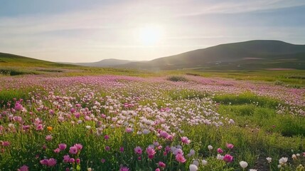 Sunlit field of pink and white wildflowers at sunset, rolling hills in the background.