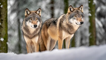 Fototapeta premium Pair of Wolves Standing in Snow-Covered Forest Observing Their Surroundings