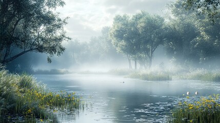 Fototapeta premium Misty River Landscape: Tranquil Morning in the Forest