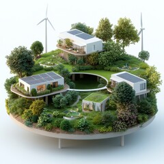 Futuristic Eco-Friendly Community with Green Roofs and Wind Turbines