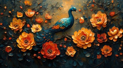 Peacock amidst vibrant orange flowers, impasto style.