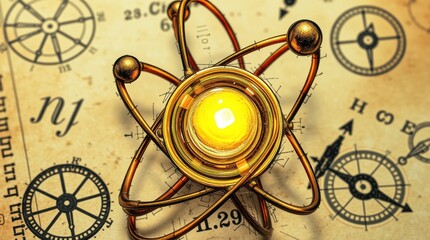Glowing atom model on antique blueprint.