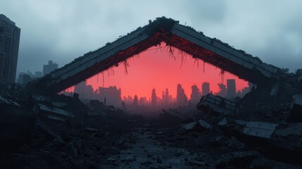 Obraz premium Dystopian Landscape with Ruined Structures and Fiery Skies at Dusk