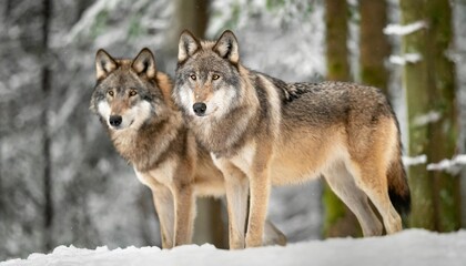 Pair of Wolves Standing in Snow-Covered Forest Observing Their Surroundings
