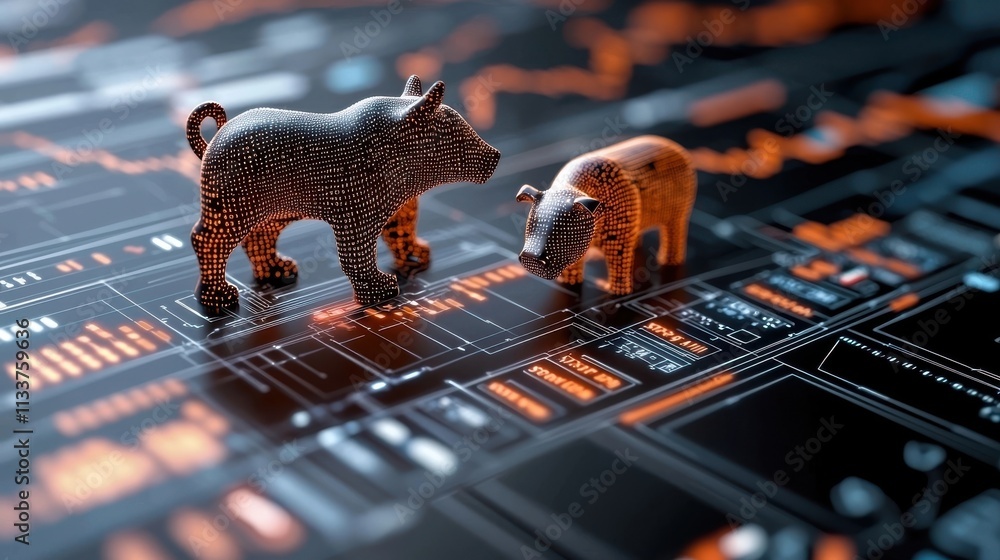 Wall mural of a futuristic digital finance dashboard with abstract robotic bear and bull figures on a high tech