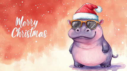  new year watercolor Merry Christmas holiday winter greeting card with text "Merry Christmas"- Cool hippo cartoon, xmas, illustration, 