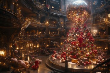 Magical Christmas Tree in Grand Hall with Teddy Bears