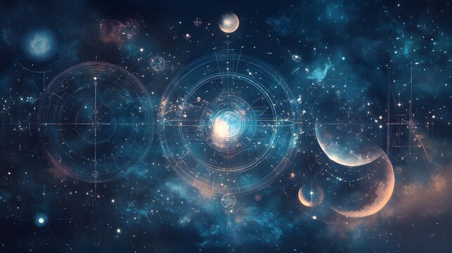 Celestial Map Depicting Planets Stars and Cosmic Geometry
