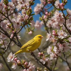 A yellow canary perched on a flowering almond tree.