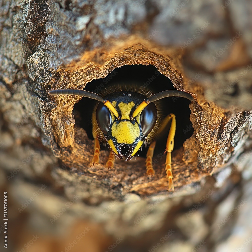 Poster close-up of a wasp peering from its hole in a tree trunk.