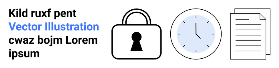 Lock symbolizes security, clock represents time management, and documents indicate paperwork. Ideal for confidential information, secure storage, time efficiency, data management, document