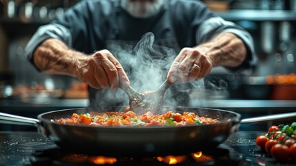 Close-up of chef's hands cooking steaming food in a pan.