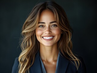 A woman in a suit is smiling for the camera