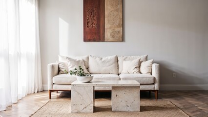 Generative AI, Contemporary living room with textured sofa and neutral tones