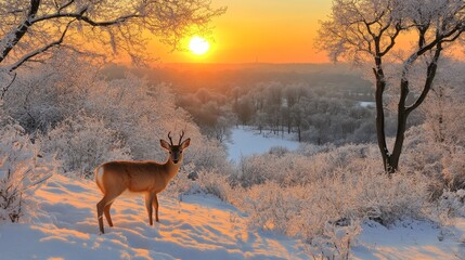 Obraz premium Solitary Deer Amidst Snow-Covered Landscape in Winter Sunset Glow, Stunning Nature Scenery