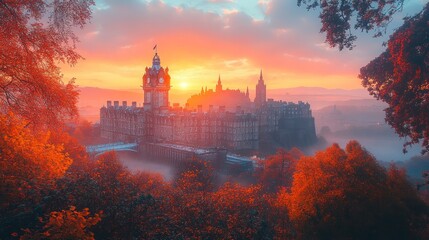 Fototapeta premium A picturesque castle at sunset, surrounded by mist and vibrant autumn foliage.
