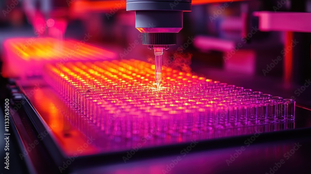 Poster automated machine dispensing liquid into test tubes under red light.
