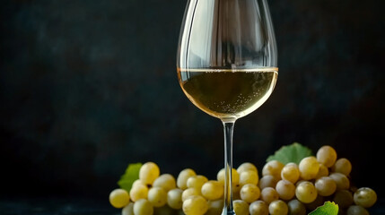 glass of white wine sits elegantly beside fresh green grapes, creating sophisticated and inviting atmosphere. rich colors and textures enhance overall appeal
