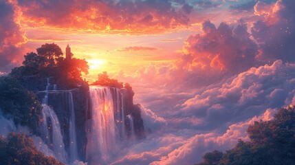 Fototapeta premium Sunset, waterfall, island, clouds, fantasy landscape.