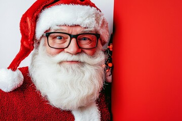 Portrait of funny funky christmas father in red hat headwear look behind white wall poster advertise winter x-mas shopping seasonal miracle sales discounts isolated over bright col