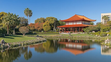 Obraz premium Serene Reflection of Chinese Pavilion in Tranquil Garden