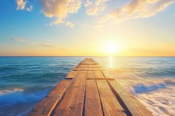 Naklejka premium short wooden jetty with sunset