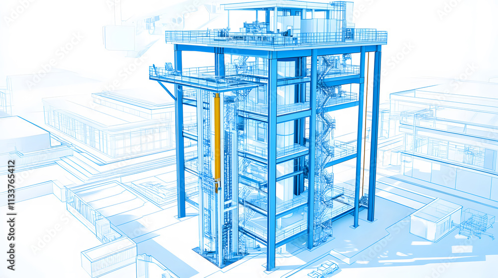 Poster A wireframe representation of a modern industrial structure, showcasing intricate design and engineering details in a blue outline