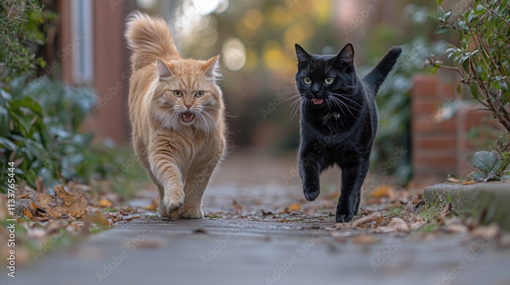 Poster Two cats, ginger and black, running towards the camera on a paved path in autumn.