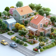 Colorful Residential Neighborhood with Lush Gardens and Trees