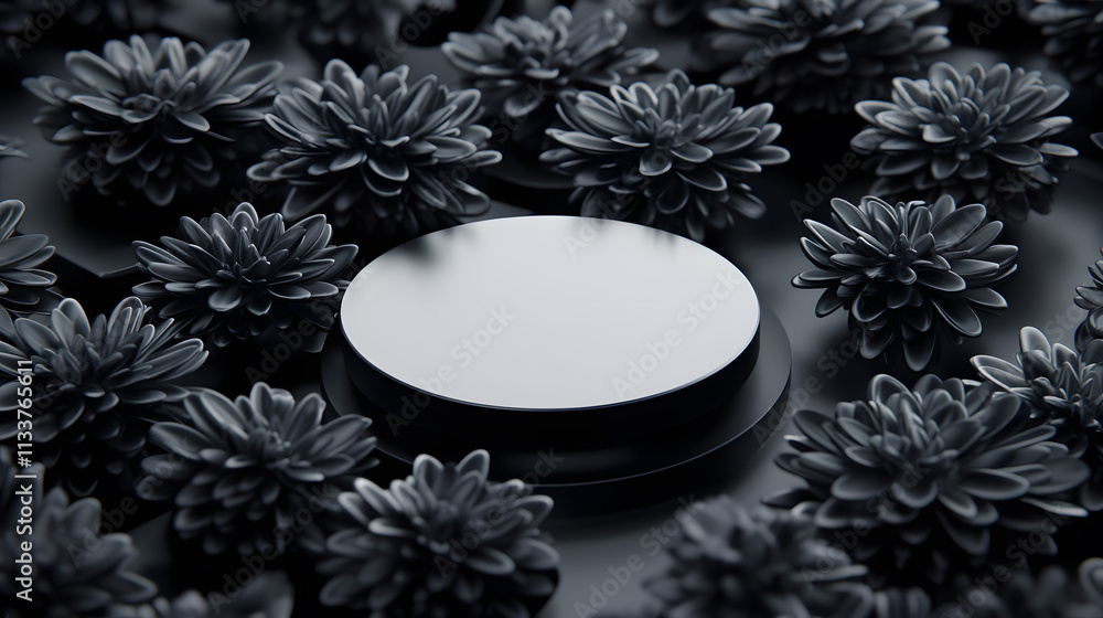 Poster a minimalistic black circular object surrounded by dark floral elements creates a striking contrast 