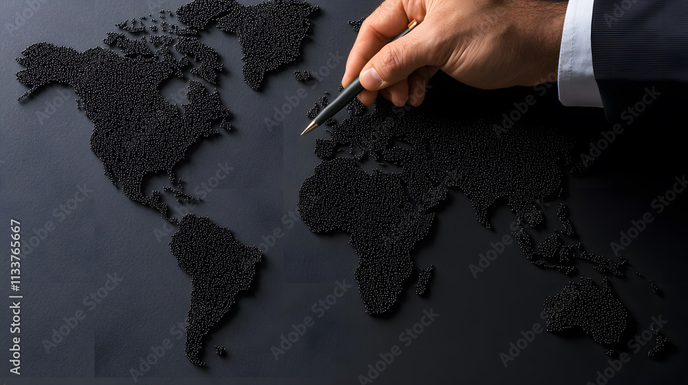 Poster A hand is placing small black objects on a world map, creating a unique representation of global geography