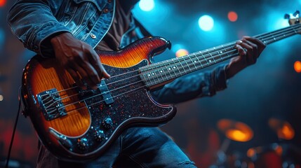 Obraz premium Close-up of a musician playing a bass guitar on stage during a concert.