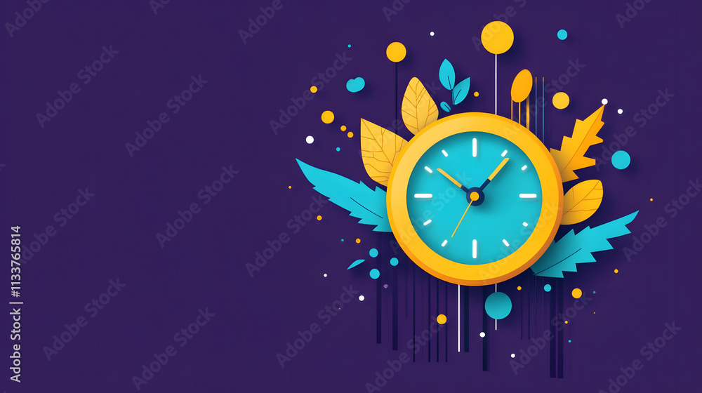 Poster a vibrant, artistic clock surrounded by colorful leaves and splashes, set against a deep purple back