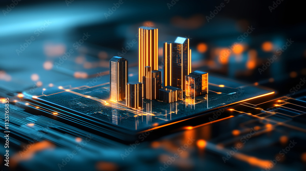 Poster a futuristic cityscape on a microchip, showcasing a blend of technology and urban development with g