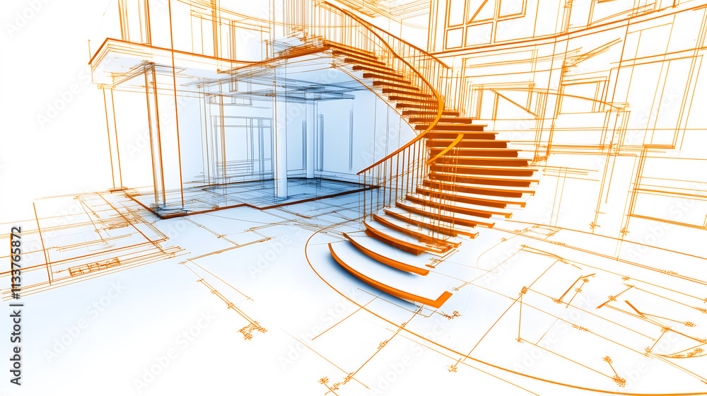 Poster A stylized architectural rendering of a spiral staircase, featuring clean lines and an outlined structure in a minimalistic design
