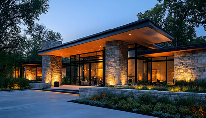 Modern architectural design featuring a stone and glass facade, illuminated at dusk.