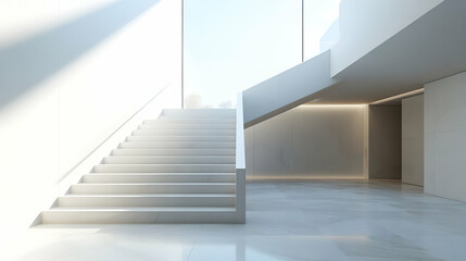 Fototapeta premium A modern interior featuring a minimalist staircase and large windows with natural light.