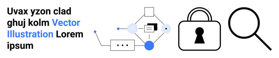 Lock indicating security, magnifying glass for research, speech bubble, and network nodes connected to a document. Ideal for tech, security, research, data analysis, networking communication