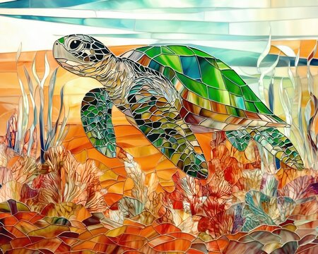 A vibrant stained-glass mosaic artwork featuring a whimsical sea turtle amidst a colorful coral reef, showcasing intricate textures, vivid colors, and a glowing underwater ambiance.
