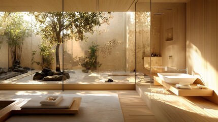 Minimalist and serene bathroom with a zen-inspired floating sink and glass divider,