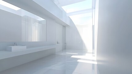 Obraz premium Light and airy minimalist bathroom with skylight, wall-mounted basin, and transparent glass door,