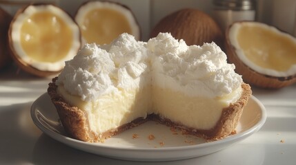 Creamy Coconut Cream Pie Slice with Topped Whipped Cream, Set Against Fresh Coconut Halves, Ideal for Dessert and Culinary Photography, Fresh Ingredients, Delightful Presentation