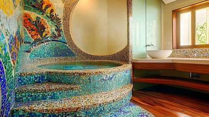 Artistic minimalist bathroom with mosaic tiles, a floating sink, and a decorative glass shower,