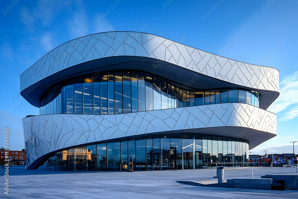 Poster modern architectural building with a unique design and large glass windows.